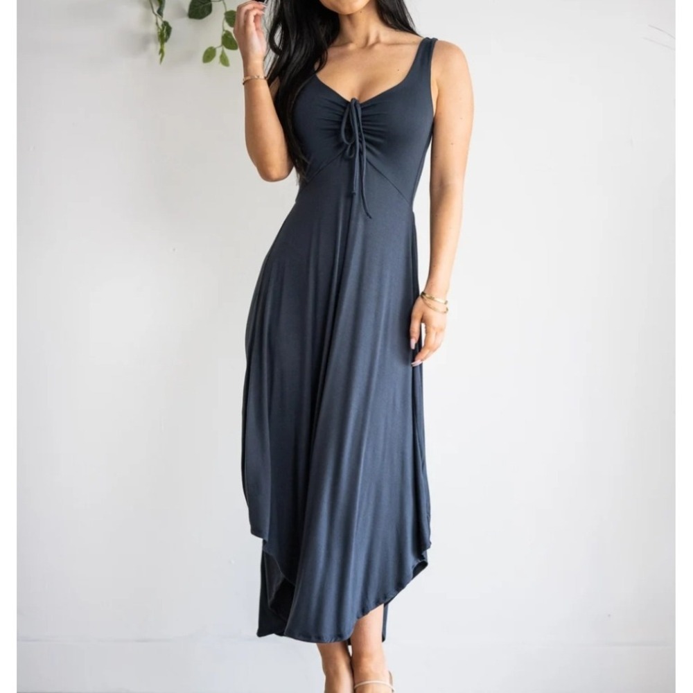 Sozy Soft & Cozy Sarah Dress XS Midi Tank Ruched Tie Front Stretchy Soft Knit
